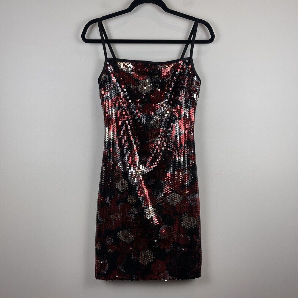 Y2K Express Womens Mini Dress M 7/8 Red Black Sequins Body Con Party Cocktail